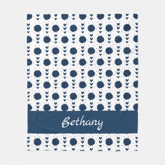 Navy Blue Cheerleader Pom Poms & Hearts Pattern Fleece Deken (Voorkant)