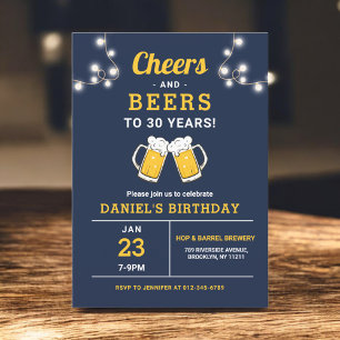 Navy Blue Cheers And Beers Verjaardagsfeestje Kaart