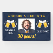 Navy Blue Cheers & Beers Milestone Verjaardagsfoto Spandoek (Horizontaal)
