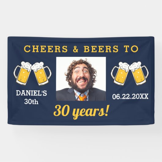 Navy Blue Cheers & Beers Milestone Verjaardagsfoto Spandoek (Horizontaal)