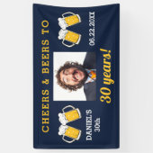 Navy Blue Cheers & Beers Milestone Verjaardagsfoto Spandoek (Verticaal)