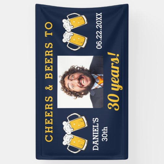 Navy Blue Cheers & Beers Milestone Verjaardagsfoto Spandoek (Verticaal)