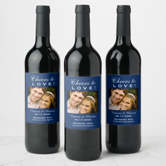 Navy Blue Cheers to Love Wedding Photo Bottle Wijn Etiket (Flessen)