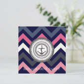 Navy Blue Chevron Anchor Nautical Invitation Kaart (Staand voorkant)