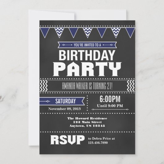 Navy Blue Chevron Chalkboard Birthday Invitation Kaart (Voorkant)