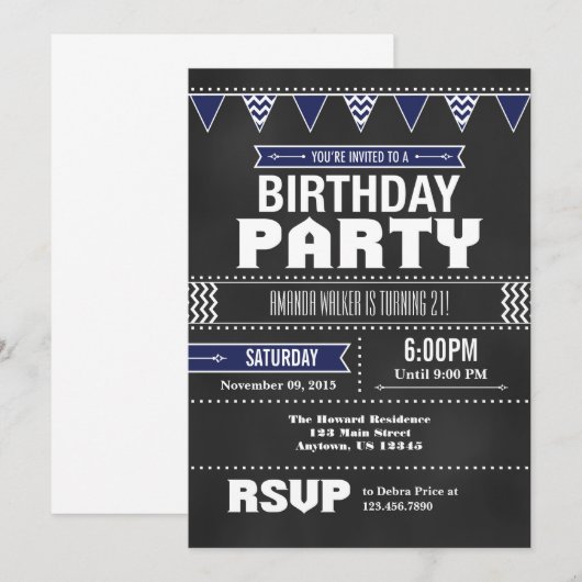 Navy Blue Chevron Chalkboard Birthday Invitation Kaart (Voorkant / Achterkant)