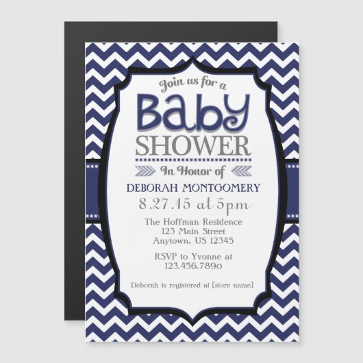 Navy Blue Chevron Magnetisch Baby shower Uitnodige Magnetische Uitnodiging (Voorkant / Achterkant)