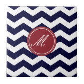 Navy Blue Chevron met Monogram Tiles Tegeltje (Voorkant)
