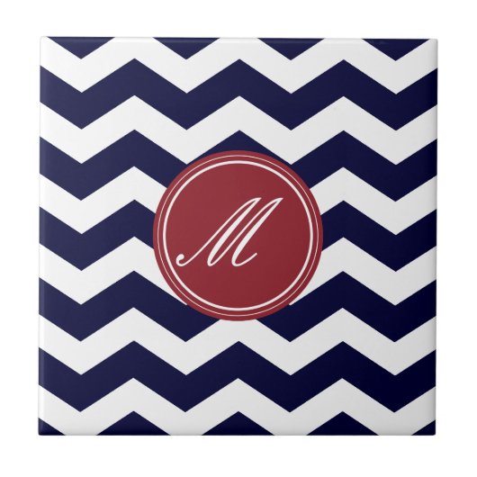 Navy Blue Chevron met Monogram Tiles Tegeltje (Voorkant)