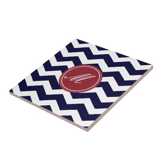 Navy Blue Chevron met Monogram Tiles Tegeltje (Zijkant)