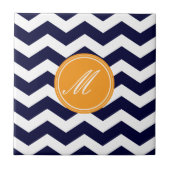 Navy Blue Chevron met Monogram Tiles Tegeltje (Voorkant)