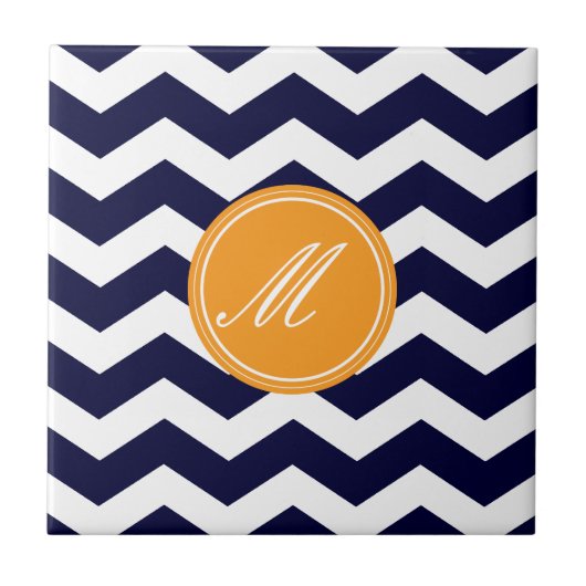 Navy Blue Chevron met Monogram Tiles Tegeltje (Voorkant)