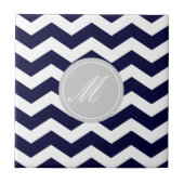 Navy Blue Chevron met Monogram Tiles Tegeltje (Voorkant)