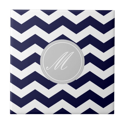 Navy Blue Chevron met Monogram Tiles Tegeltje (Voorkant)