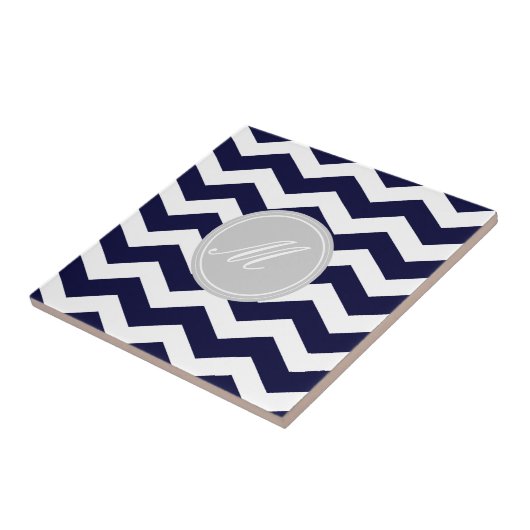 Navy Blue Chevron met Monogram Tiles Tegeltje (Zijkant)