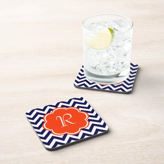 Navy Blue Chevron Monogram Drankjes Onderzetter (Rechterzijde)
