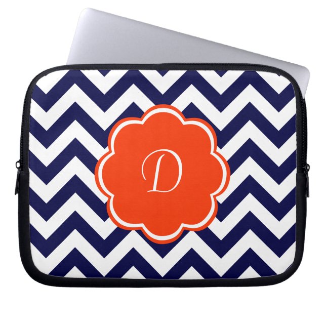 Navy Blue Chevron Monogram Laptop Sleeve (Voorkant)