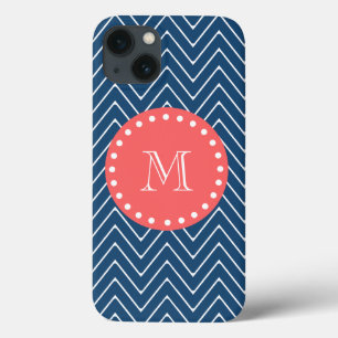 Navy Blue Chevron Pattern Koraalmonogram iPhone 13 Hoesje