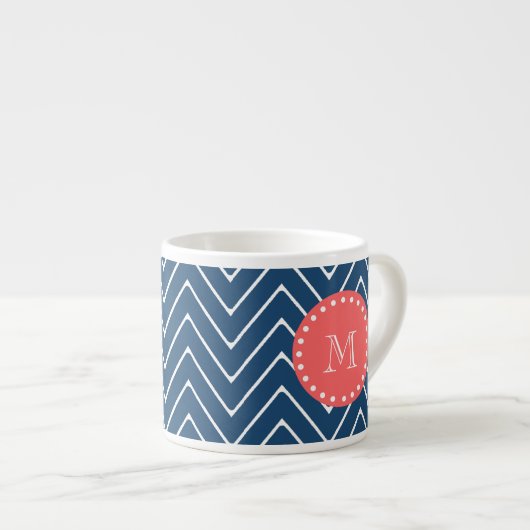 Navy Blue Chevron Pattern | Koraalmonogram Espresso Kop (Voorkant rechts)