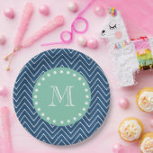 Navy Blue Chevron Pattern | Munt Green Monogram Papieren Bordje (Feest)