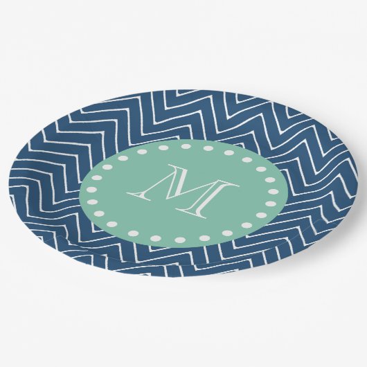 Navy Blue Chevron Pattern | Munt Green Monogram Papieren Bordje (Gekanteld)