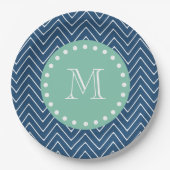 Navy Blue Chevron Pattern | Munt Green Monogram Papieren Bordje (Voorkant)