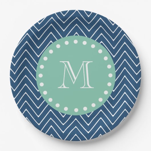 Navy Blue Chevron Pattern | Munt Green Monogram Papieren Bordje (Voorkant)
