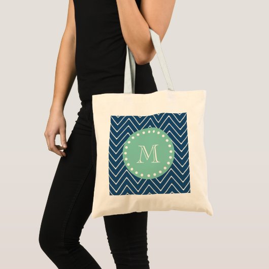 Navy Blue Chevron Pattern | Munt Green Monogram Tote Bag (Voorkant (product))