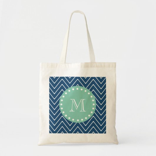 Navy Blue Chevron Pattern | Munt Green Monogram Tote Bag (Voorkant)