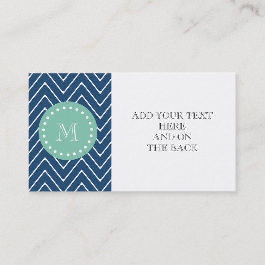 Navy Blue Chevron Pattern | Munt Green Monogram Visitekaartje (Voorkant)