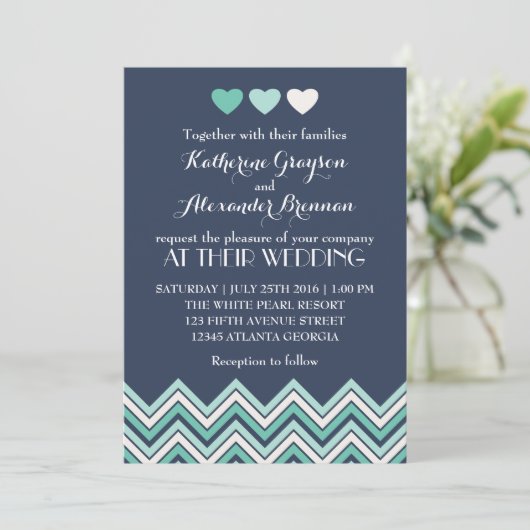 Navy Blue Chevron Pattern Wedding Invitation Kaart (Staand voorkant)