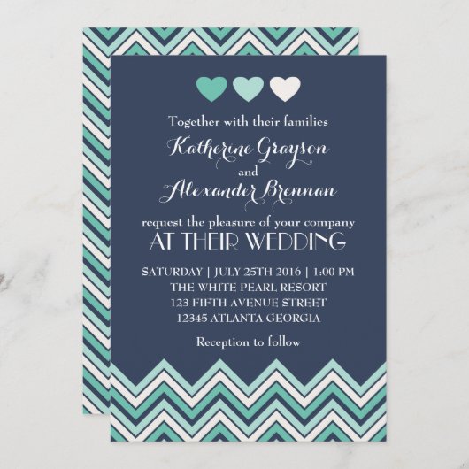 Navy Blue Chevron Pattern Wedding Invitation Kaart (Voorkant / Achterkant)