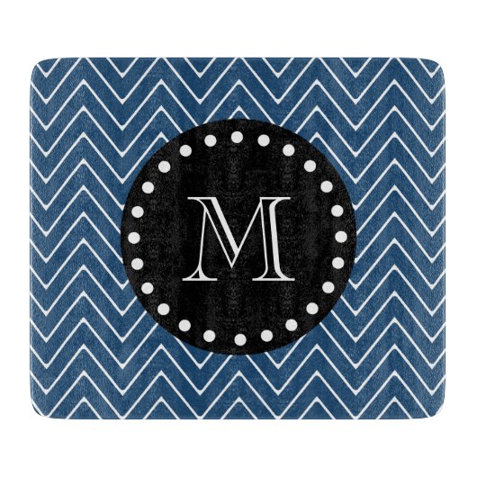 Navy Blue Chevron Pattern | Zwart monogram Snijplank (Voorkant)