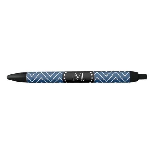 Navy Blue Chevron Pattern | Zwart monogram Zwarte Inkt Pen (Voorkant)