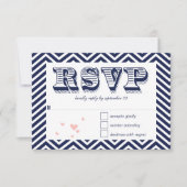 Navy Blue Chevron Retro Typography Wedding RSVP (Voorkant)