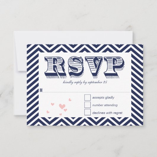 Navy Blue Chevron Retro Typography Wedding RSVP (Voorkant)