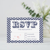 Navy Blue Chevron Retro Typography Wedding RSVP (Staand voorkant)