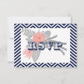Navy Blue Chevron Retro Typography Wedding RSVP (Achterkant)