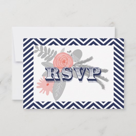 Navy Blue Chevron Retro Typography Wedding RSVP (Achterkant)