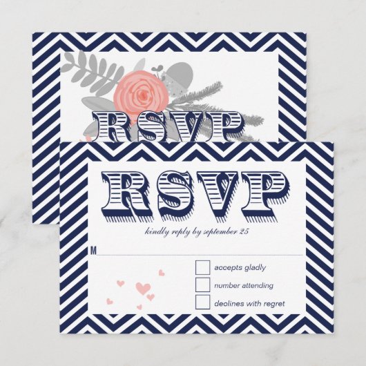 Navy Blue Chevron Retro Typography Wedding RSVP (Voorkant / Achterkant)