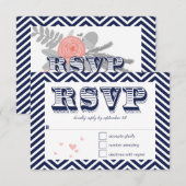 Navy Blue Chevron Retro Typography Wedding RSVP Kaartje (Voorkant / Achterkant)