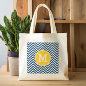 Navy Blue Chevrons met aangepast geel monogram Tote Bag