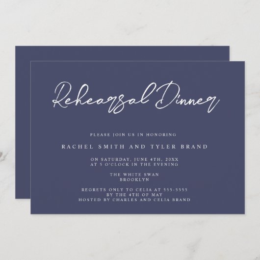 Navy Blue Chic Elegant repesal Dinner Invitation Kaart (Voorkant / Achterkant)