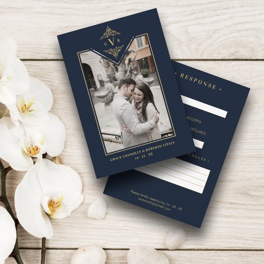 Navy Blue Chic Fake Gold Wedding Initialen Flouris Informatiekaartje