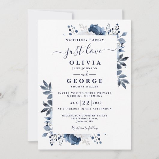Navy Blue Chic Floral Intieme Private Wedding Kaart (Voorkant)