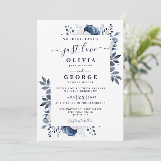 Navy Blue Chic Floral Intieme Private Wedding Kaart (Staand voorkant)