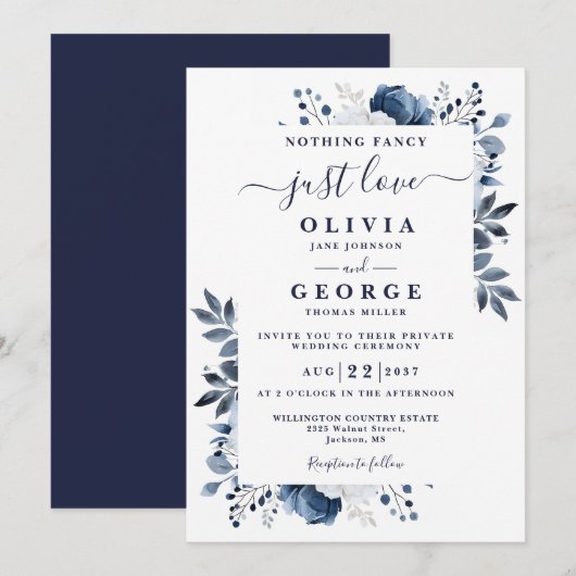 Navy Blue Chic Floral Intieme Private Wedding Kaart (Voorkant / Achterkant)