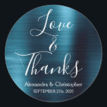 Navy Blue Chic Metallic Love & Bedankt Ronde Sticker<br><div class="desc">Navy Blue and White Typography Script Faux Metal Metallic Elegant Love and Bedankt - Hartelijk dank voor de zelfklever die als envelopzegel kan worden gebruikt. Deze sticker kan worden aangepast om de jouw naam en de trouwdatum op te nemen. Deze sticker maakt deel uit van een overeenkomend bruiloft collectie en...</div>