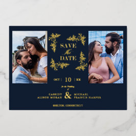 Navy Blue Chic Trendy Collage Wedding 2 Photos Folie Uitnodiging
