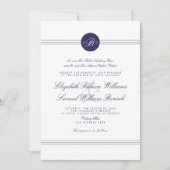Navy Blue Chic White Monogram Wedding Invite Kaart (Voorkant)